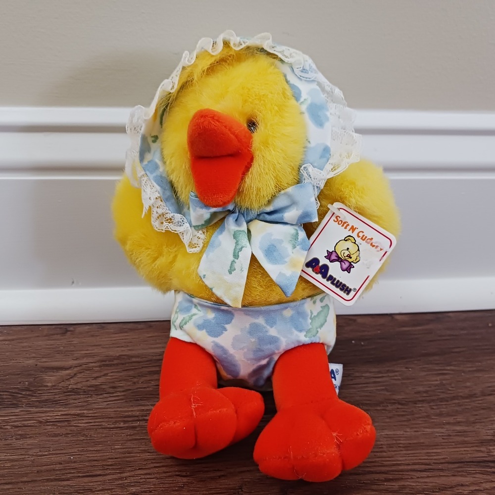 7" Vintage A&A Plush Yellow Chick Floral Bonnet Soft N' Cuddly Easter